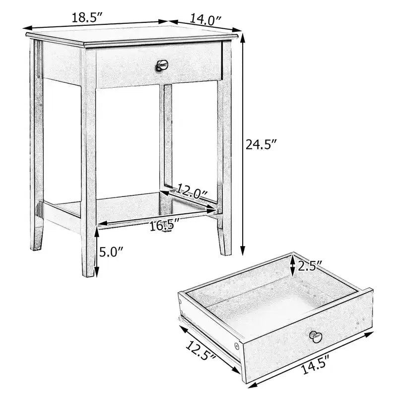 Comodino con cassetto e ripiano aperto, MDF + gambe in pino, design minimalista