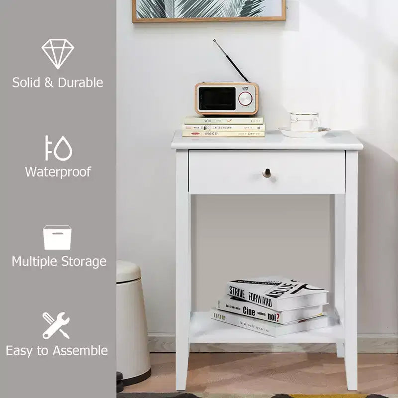 Comodino con cassetto e ripiano aperto, MDF + gambe in pino, design minimalista
