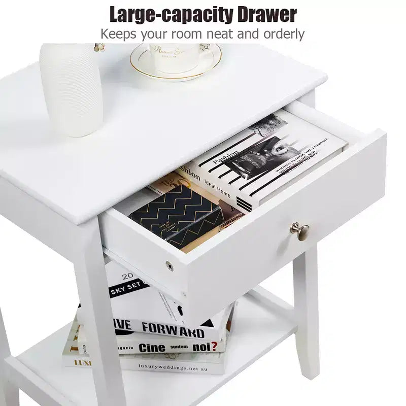 Comodino con cassetto e ripiano aperto, MDF + gambe in pino, design minimalista