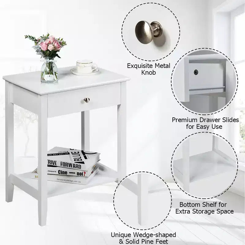 Comodino con cassetto e ripiano aperto, MDF + gambe in pino, design minimalista