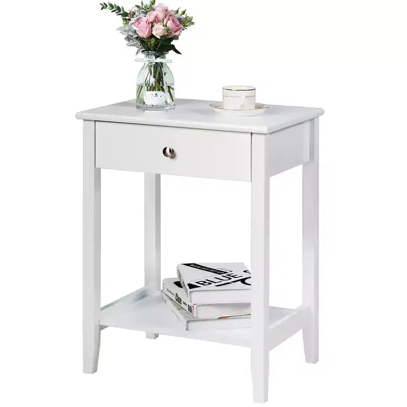 Comodino con cassetto e ripiano aperto, MDF + gambe in pino, design minimalista