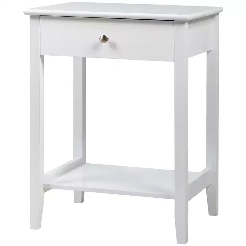 Comodino con cassetto e ripiano aperto, MDF + gambe in pino, design minimalista