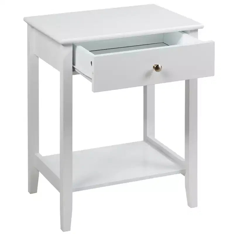 Comodino con cassetto e ripiano aperto, MDF + gambe in pino, design minimalista