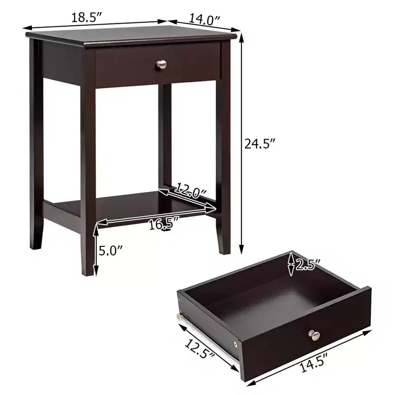 Comodino con cassetto e ripiano aperto, MDF + gambe in pino, design minimalista