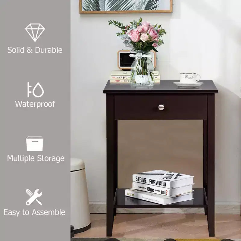 Comodino con cassetto e ripiano aperto, MDF + gambe in pino, design minimalista
