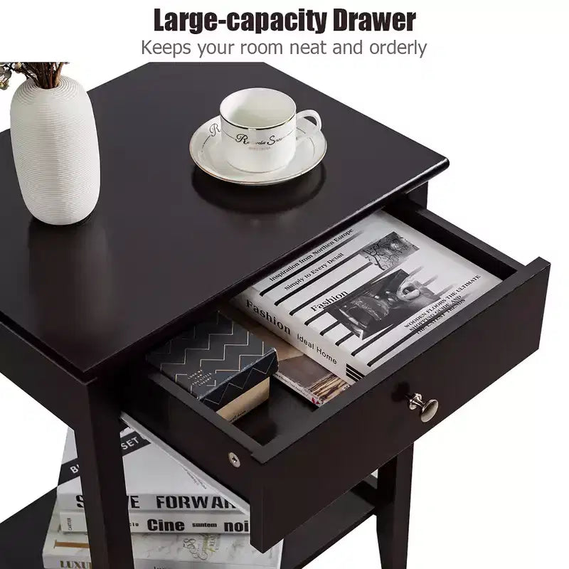Comodino con cassetto e ripiano aperto, MDF + gambe in pino, design minimalista