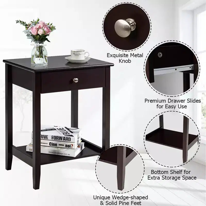 Comodino con cassetto e ripiano aperto, MDF + gambe in pino, design minimalista