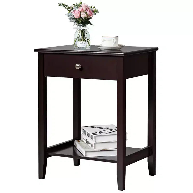 Comodino con cassetto e ripiano aperto, MDF + gambe in pino, design minimalista
