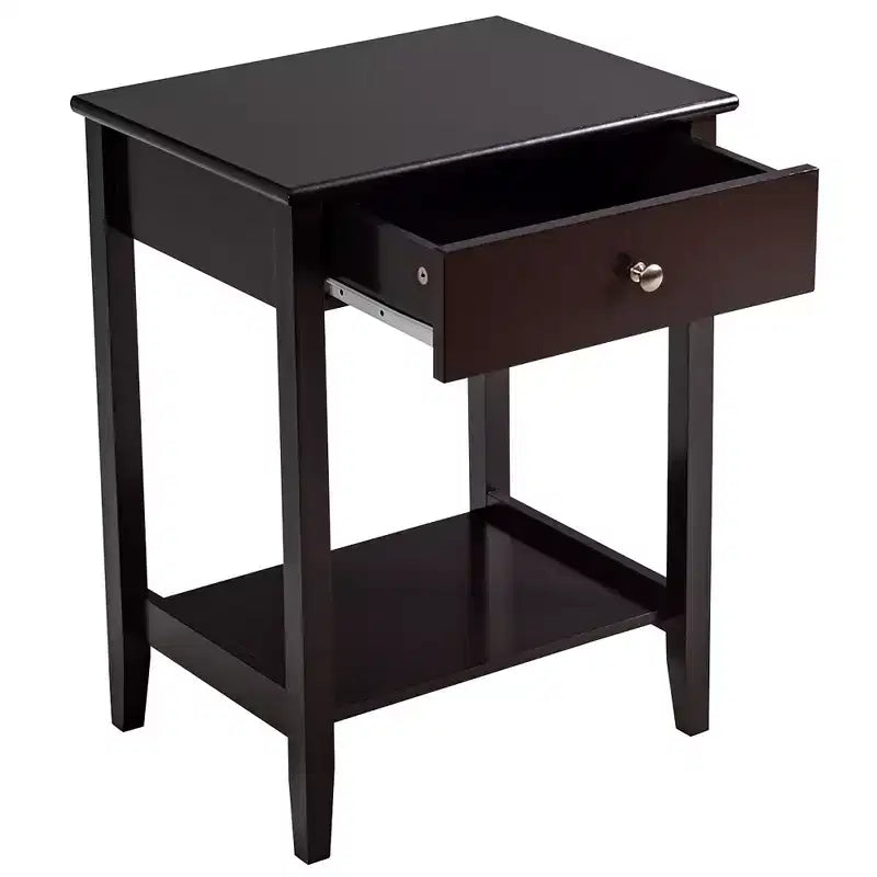 Comodino con cassetto e ripiano aperto, MDF + gambe in pino, design minimalista