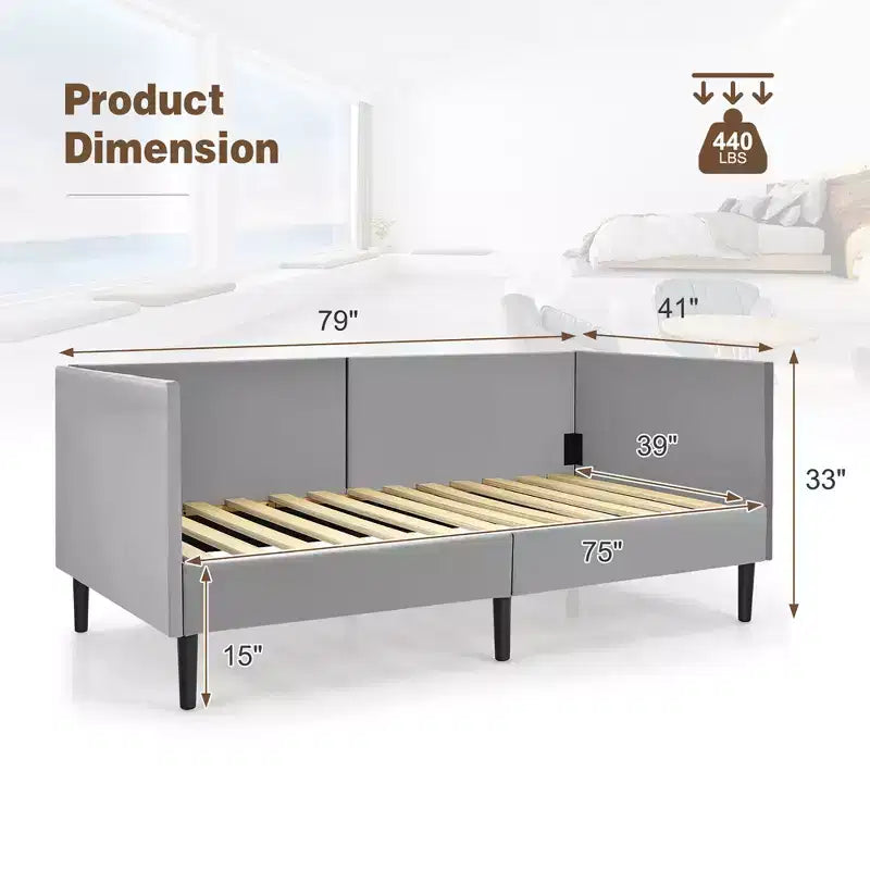 Telaio divano letto singolo imbottito in velluto, 200 kg, grigio, base a doghe in legno, contenitore sotto il letto