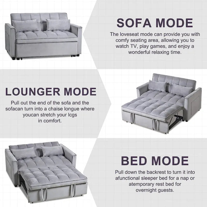 Divanetto futon moderno in velluto con schienale reclinabile e tasche, 2 posti – Grigio scuro / Grigio chiaro / Blu / Nero
