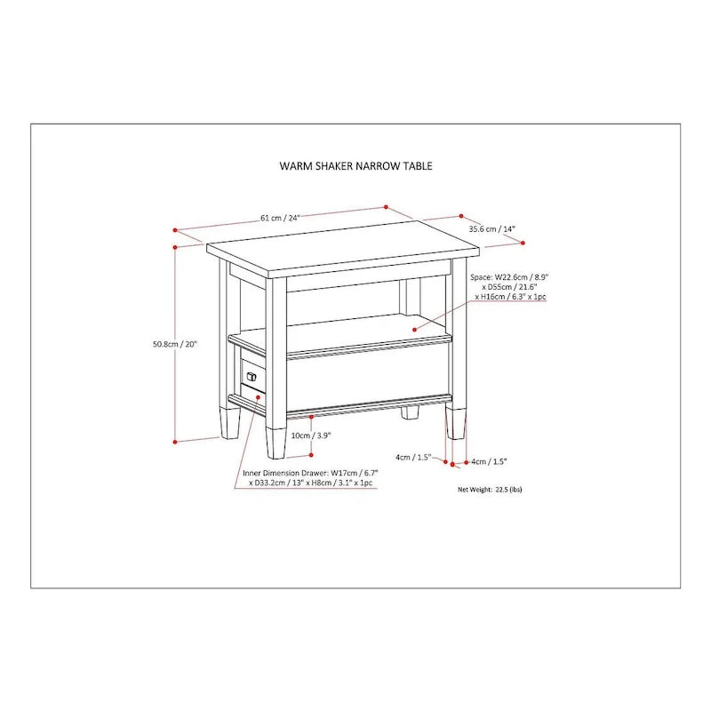 WYNDENHALL Norfolk TAVOLINO LATERALE STRETTO RETTANGOLARE TRADIZIONALE IN LEGNO MASSELLO, LARGHEZZA 14 POLLICI - 14 pollici di larghezza