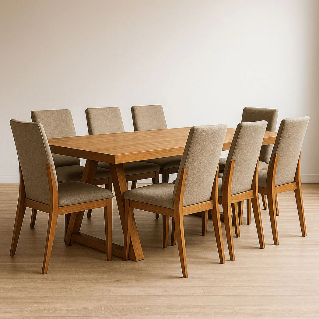 Set da pranzo rettangolare in legno massello e 8 sedie in tessuto beige