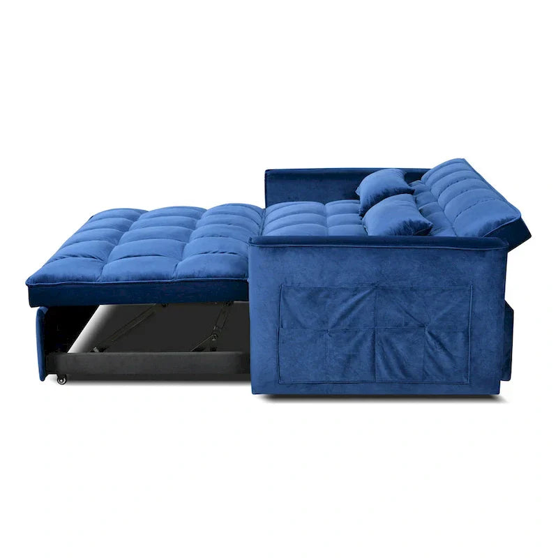 Divanetto futon moderno in velluto con schienale reclinabile e tasche, 2 posti – Grigio scuro / Grigio chiaro / Blu / Nero