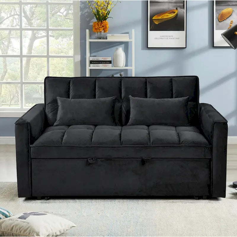Divanetto futon moderno in velluto con schienale reclinabile e tasche, 2 posti – Grigio scuro / Grigio chiaro / Blu / Nero