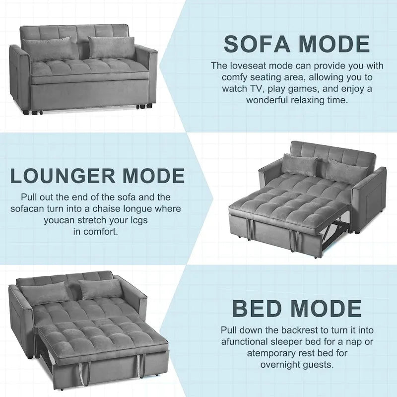 Divanetto futon moderno in velluto con schienale reclinabile e tasche, 2 posti – Grigio scuro / Grigio chiaro / Blu / Nero