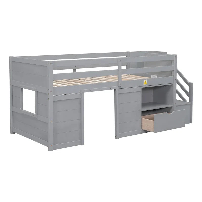 LETTO SINGOLO, LETTO A CASTELLO BASSO SINGOLO IN LEGNO MASSELLO CON SCALA, CASSETTO E SCAFFALE DI COLORE GRIGIO