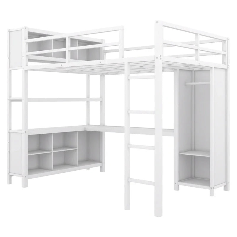 Letto a soppalco in metallo Off-White con scrivania e armadio - Matrimoniale