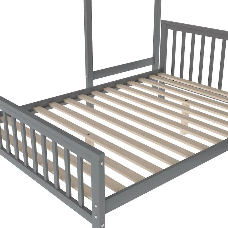 Letto a soppalco in legno per due persone con scale, sponde alte e scaletta