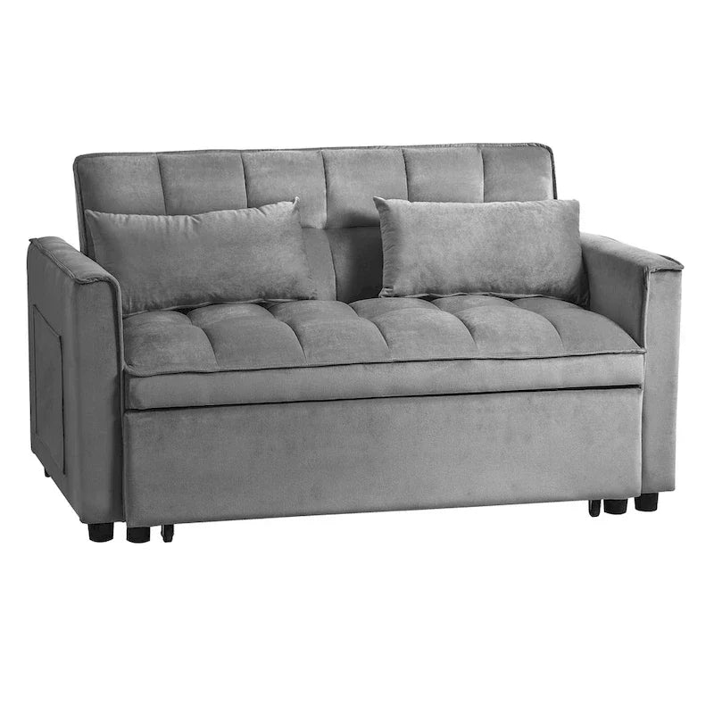 Divanetto futon moderno in velluto con schienale reclinabile e tasche, 2 posti – Grigio scuro / Grigio chiaro / Blu / Nero