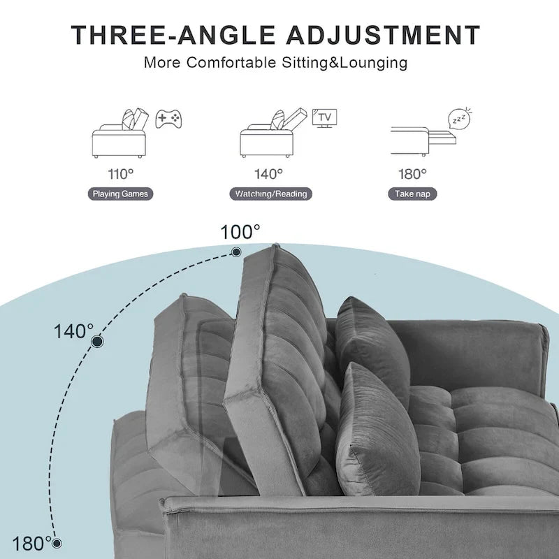 Divanetto futon moderno in velluto con schienale reclinabile e tasche, 2 posti – Grigio scuro / Grigio chiaro / Blu / Nero