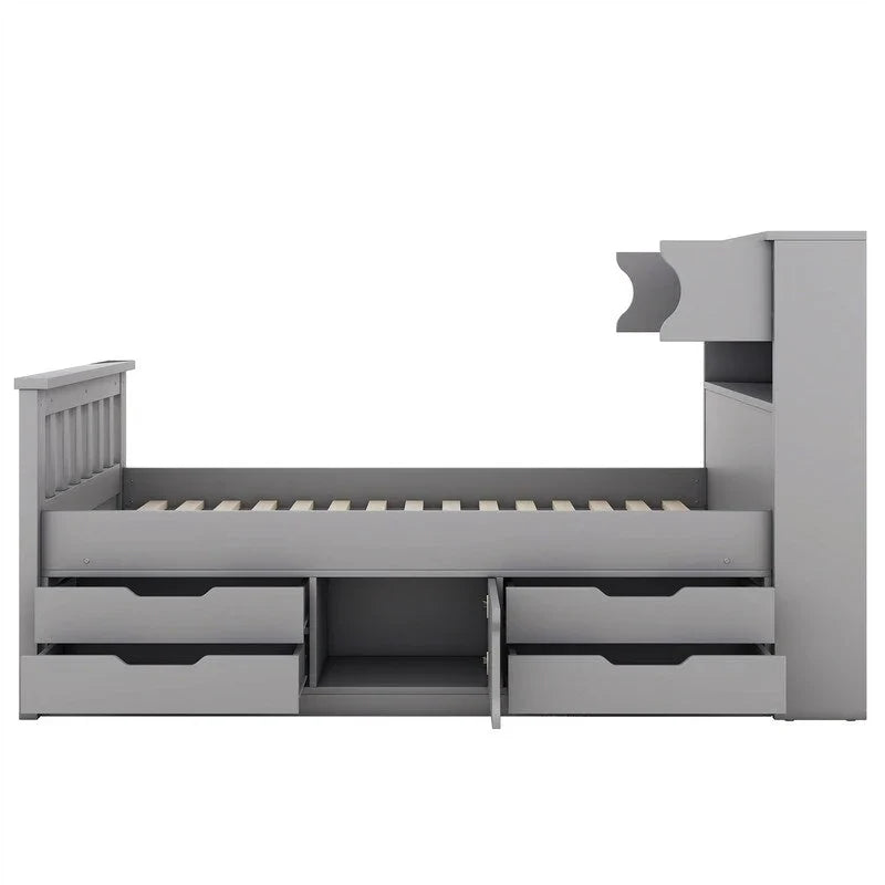 Letto a piattaforma Twin/Full Size Captain con 4 cassetti e mensole portaoggetti, struttura letto in legno massello con testiera libreria contenitore