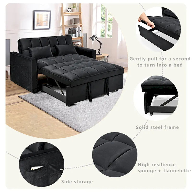 Divanetto futon moderno in velluto con schienale reclinabile e tasche, 2 posti – Grigio scuro / Grigio chiaro / Blu / Nero