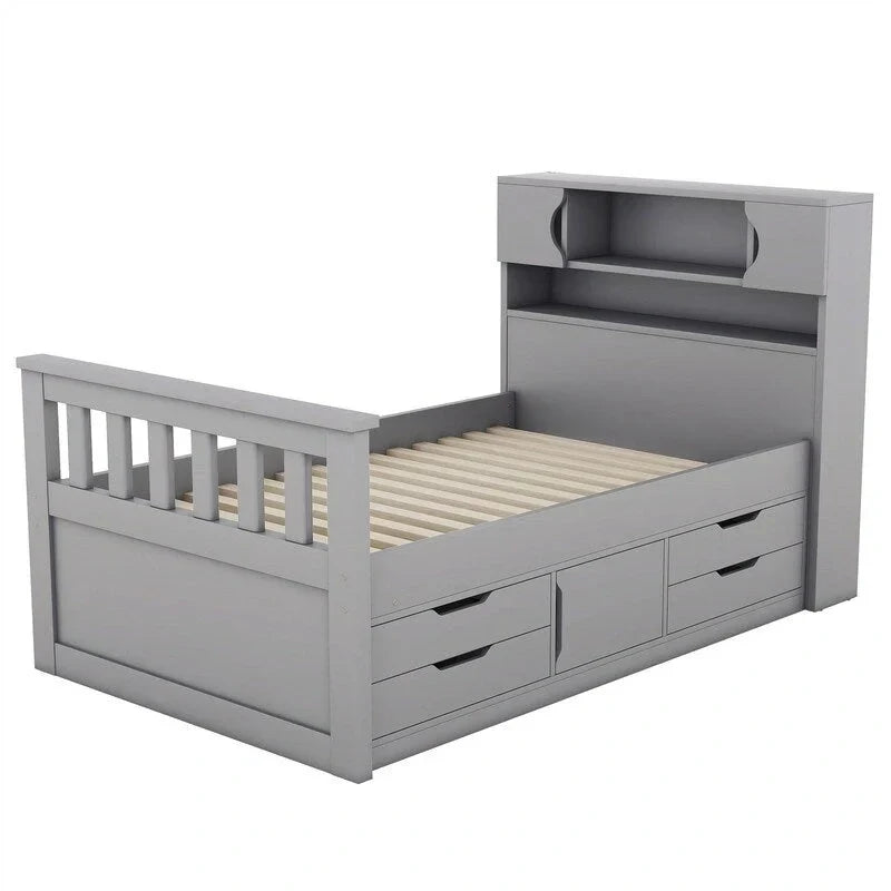 Letto a piattaforma Twin/Full Size Captain con 4 cassetti e mensole portaoggetti, struttura letto in legno massello con testiera libreria contenitore