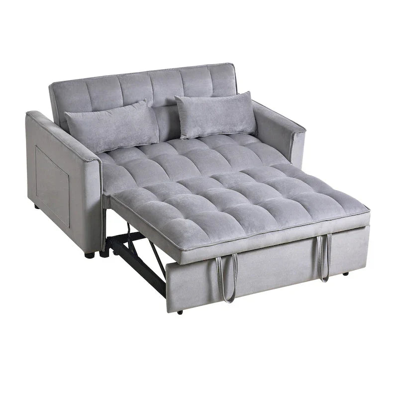 Divanetto futon moderno in velluto con schienale reclinabile e tasche, 2 posti – Grigio scuro / Grigio chiaro / Blu / Nero