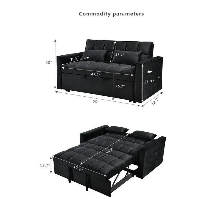 Divanetto futon moderno in velluto con schienale reclinabile e tasche, 2 posti – Grigio scuro / Grigio chiaro / Blu / Nero