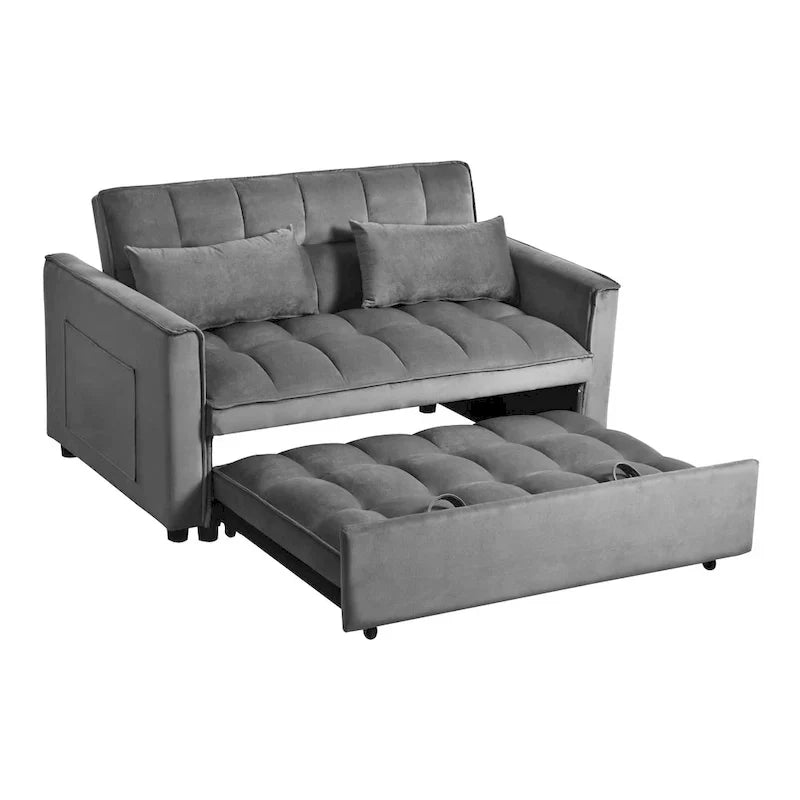 Divanetto futon moderno in velluto con schienale reclinabile e tasche, 2 posti – Grigio scuro / Grigio chiaro / Blu / Nero